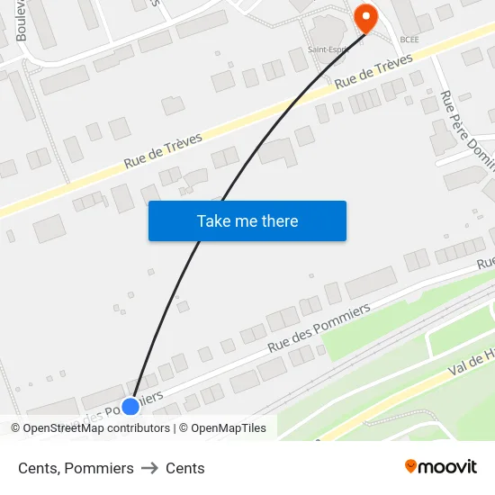 Cents, Pommiers to Cents map