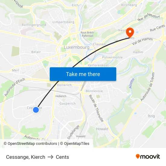 Cessange, Kierch to Cents map