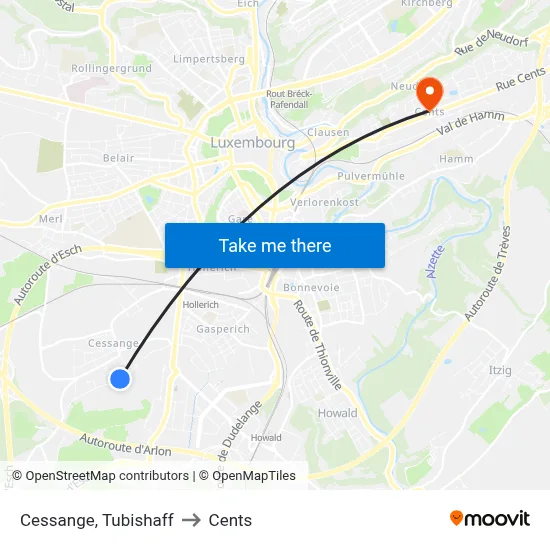 Cessange, Tubishaff to Cents map