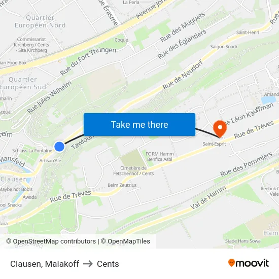 Clausen, Malakoff to Cents map