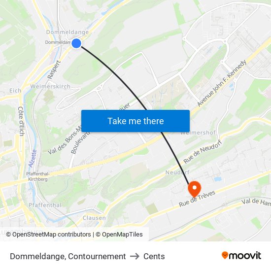 Dommeldange, Contournement to Cents map