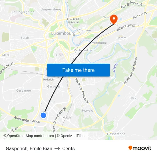 Gasperich, Émile Bian to Cents map