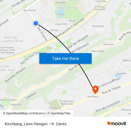 Kirchberg, Léon Hengen to Cents map