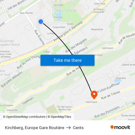 Kirchberg, Europe Gare Routière to Cents map