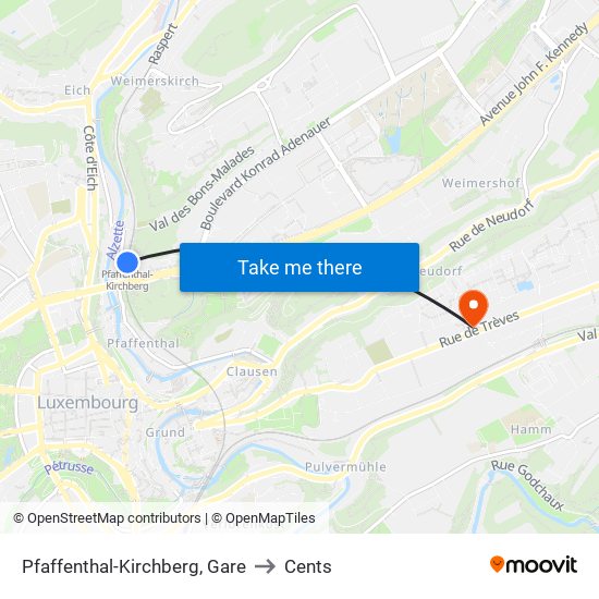 Pfaffenthal-Kirchberg, Gare to Cents map