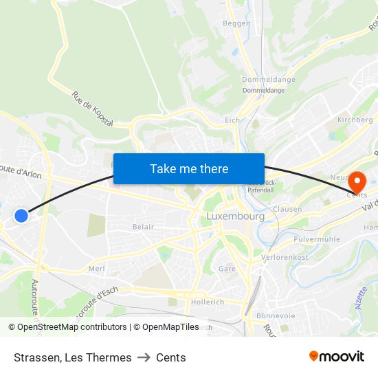 Strassen, Les Thermes to Cents map