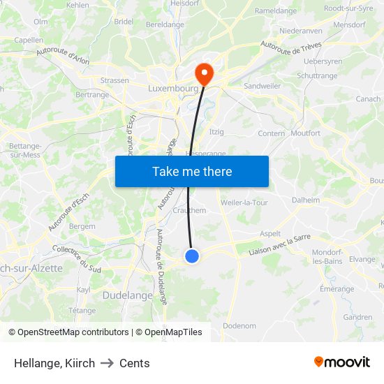 Hellange, Kiirch to Cents map