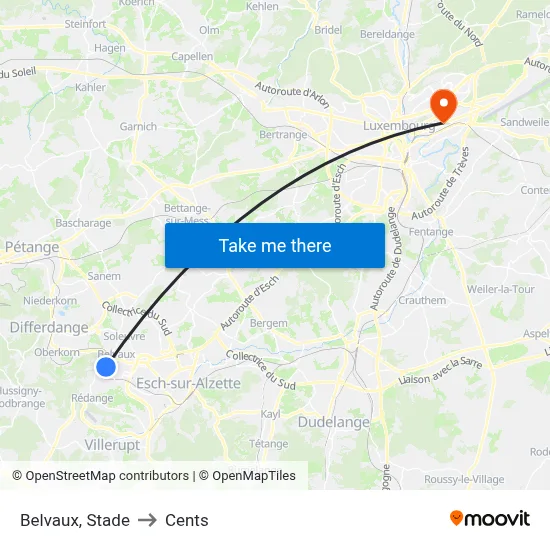 Belvaux, Stade to Cents map