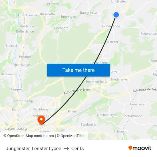 Junglinster, Lënster Lycée to Cents map