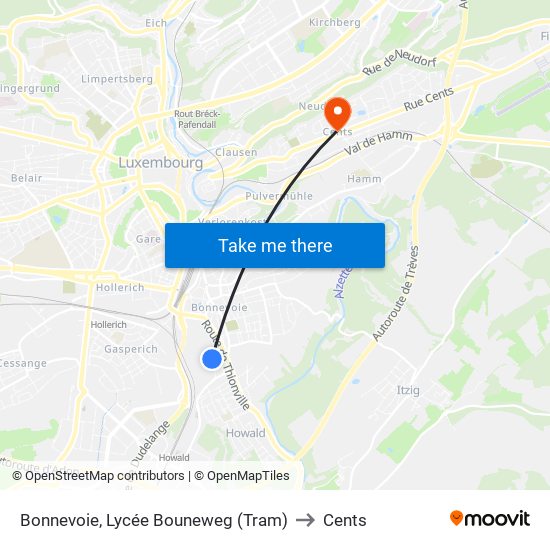 Bonnevoie, Lycée Bouneweg (Tram) to Cents map