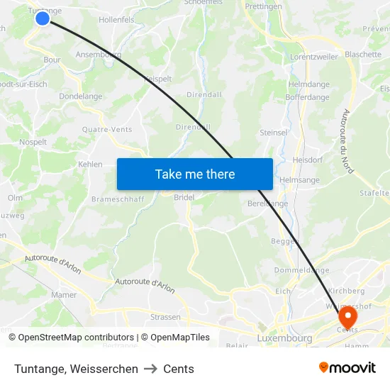 Tuntange, Weisserchen to Cents map
