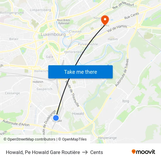 Howald, Pe Howald Gare Routière to Cents map