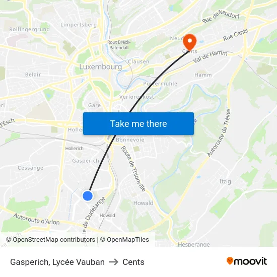 Gasperich, Lycée Vauban to Cents map