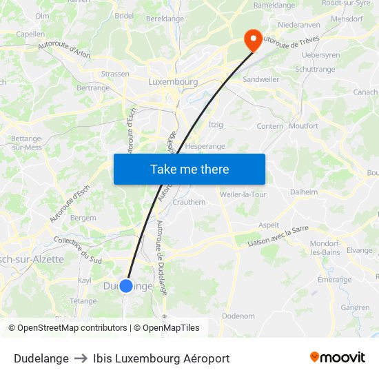 Dudelange to Ibis Luxembourg Aéroport map