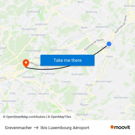 Grevenmacher to Ibis Luxembourg Aéroport map
