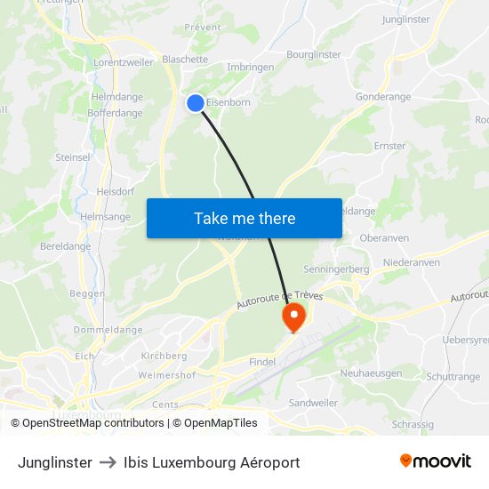 Junglinster to Ibis Luxembourg Aéroport map
