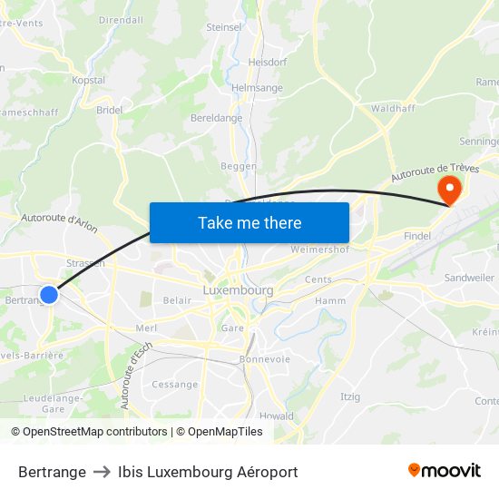 Bertrange to Ibis Luxembourg Aéroport map
