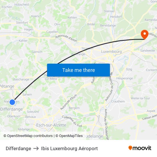 Differdange to Ibis Luxembourg Aéroport map