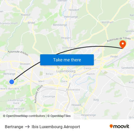 Bertrange to Ibis Luxembourg Aéroport map