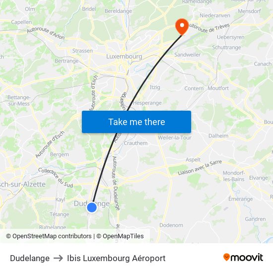 Dudelange to Ibis Luxembourg Aéroport map