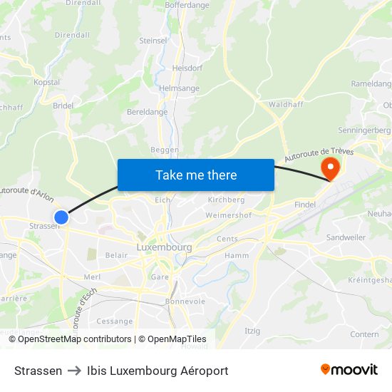 Strassen to Ibis Luxembourg Aéroport map