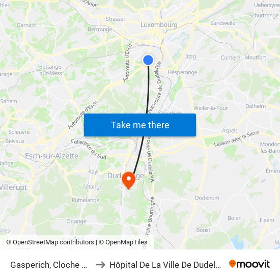 Gasperich, Cloche D'Or to Hôpital De La Ville De Dudelange map