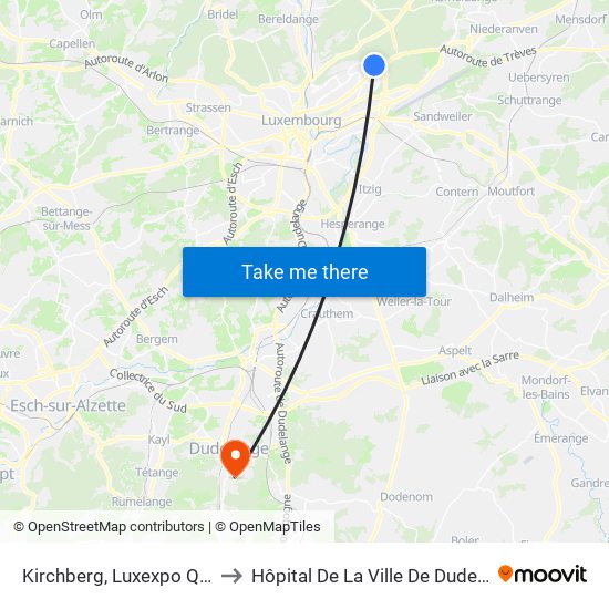 Kirchberg, Luxexpo Quai 4 to Hôpital De La Ville De Dudelange map