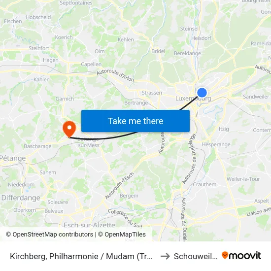 Kirchberg, Philharmonie / Mudam (Tram) to Schouweiler map