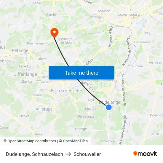 Dudelange, Schnauzelach to Schouweiler map