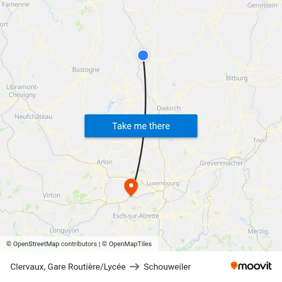 Clervaux, Gare Routière/Lycée to Schouweiler map