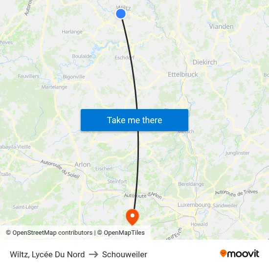 Wiltz, Lycée Du Nord to Schouweiler map