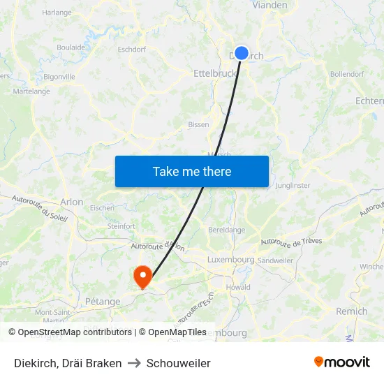 Diekirch, Dräi Braken to Schouweiler map