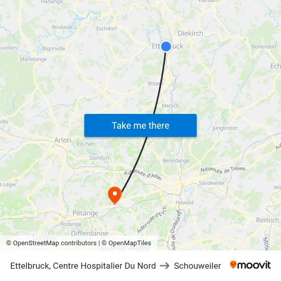 Ettelbruck, Centre Hospitalier Du Nord to Schouweiler map