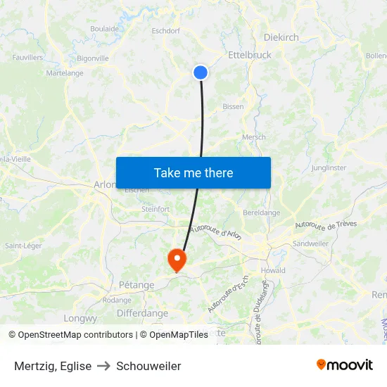 Mertzig, Eglise to Schouweiler map