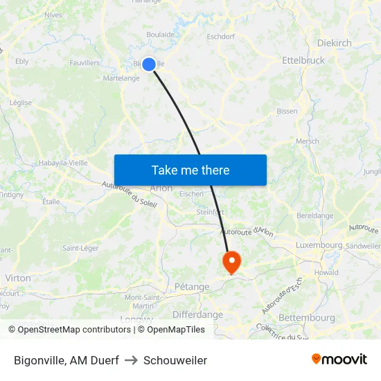 Bigonville, AM Duerf to Schouweiler map
