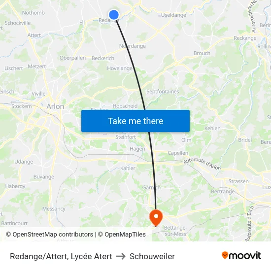 Redange/Attert, Lycée Atert to Schouweiler map