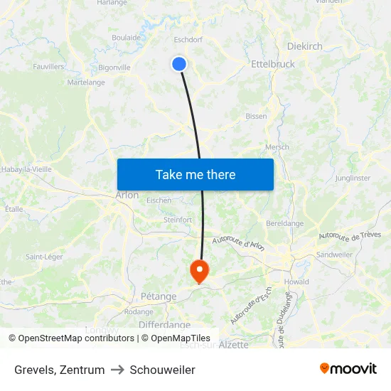 Grevels, Zentrum to Schouweiler map