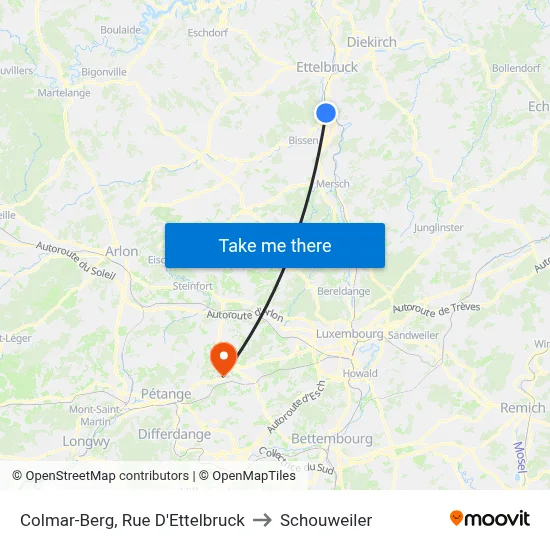 Colmar-Berg, Rue D'Ettelbruck to Schouweiler map