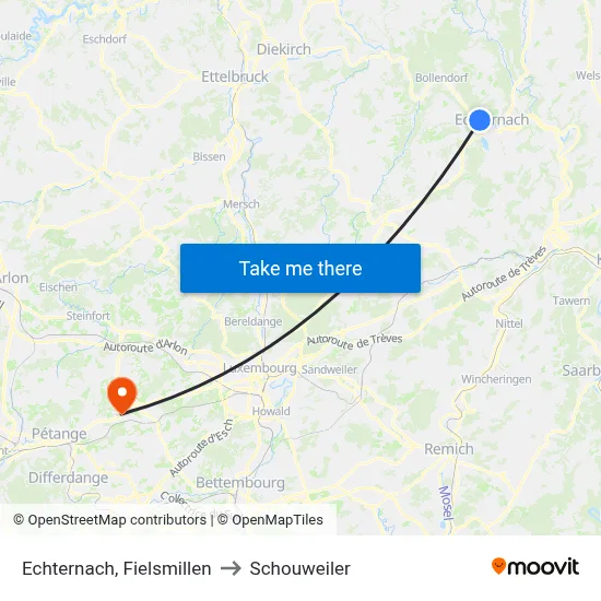Echternach, Fielsmillen to Schouweiler map