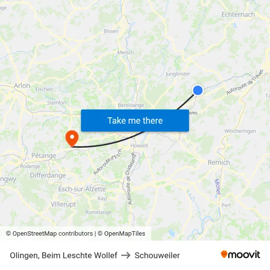 Olingen, Beim Leschte Wollef to Schouweiler map