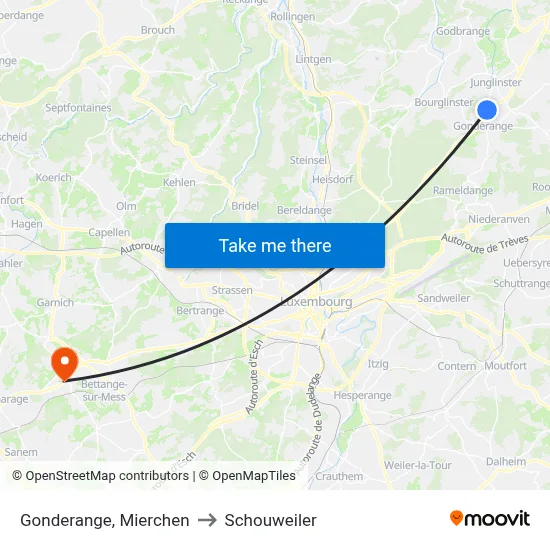 Gonderange, Mierchen to Schouweiler map