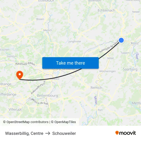 Wasserbillig, Centre to Schouweiler map