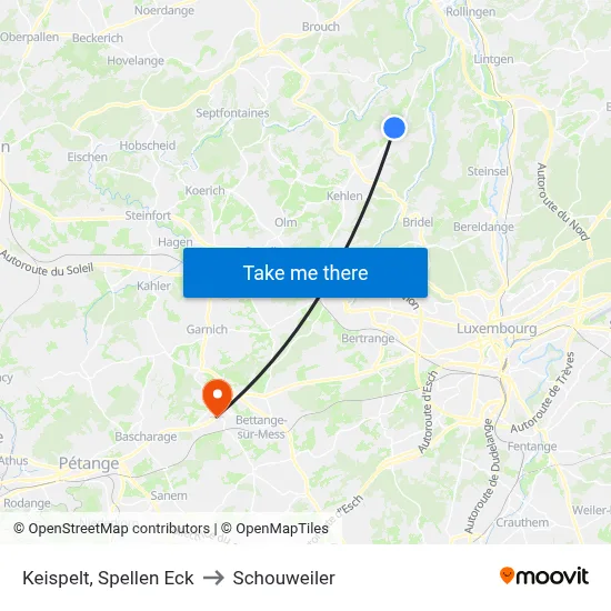 Keispelt, Spellen Eck to Schouweiler map