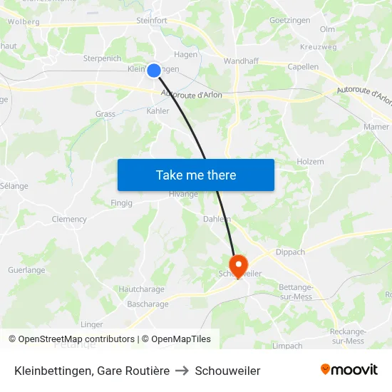 Kleinbettingen, Gare Routière to Schouweiler map