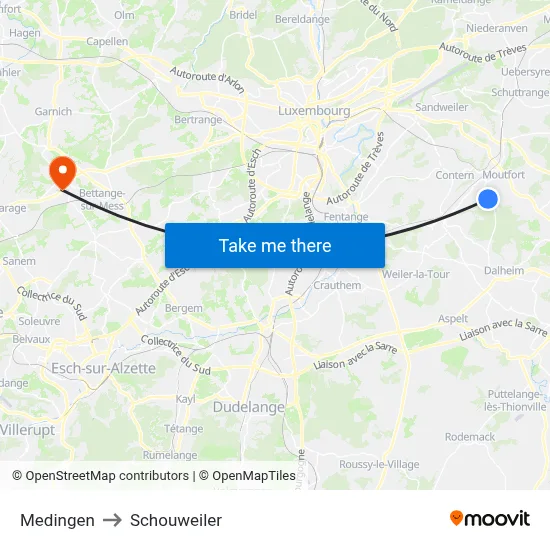 Medingen to Schouweiler map