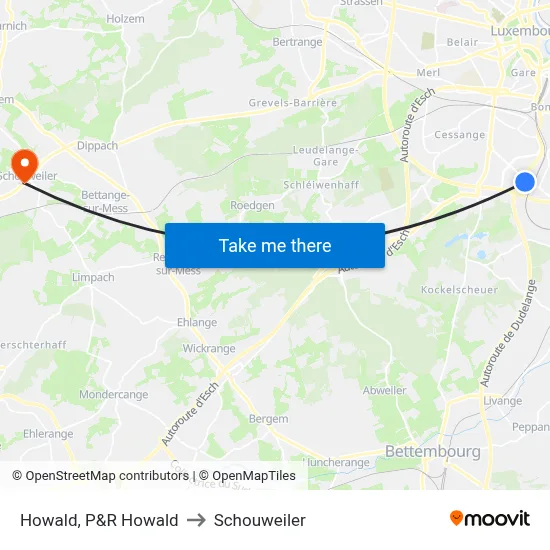 Howald, P&R Howald to Schouweiler map