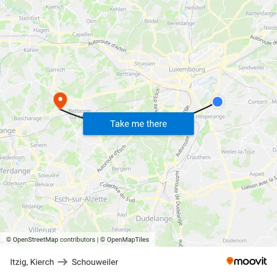 Itzig, Kierch to Schouweiler map