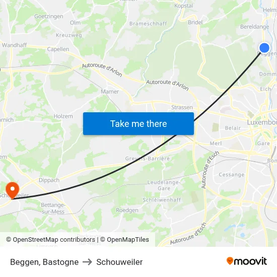 Beggen, Bastogne to Schouweiler map