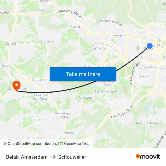 Belair, Amsterdam to Schouweiler map