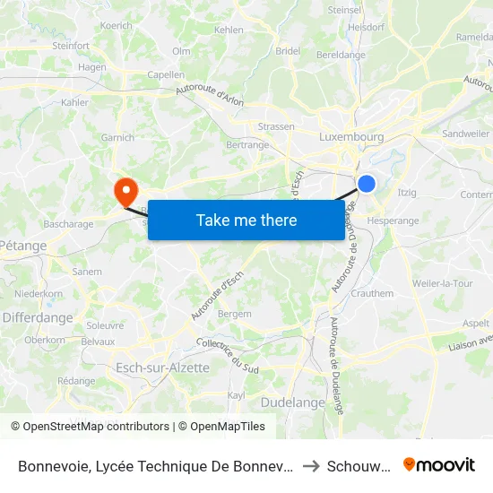 Bonnevoie, Lycée Technique De Bonnevoie/Quais to Schouweiler map